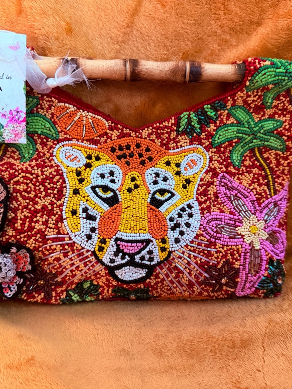 VIRAL Beaded Jaguar Clutch with Bamboo Handle - Multicolor